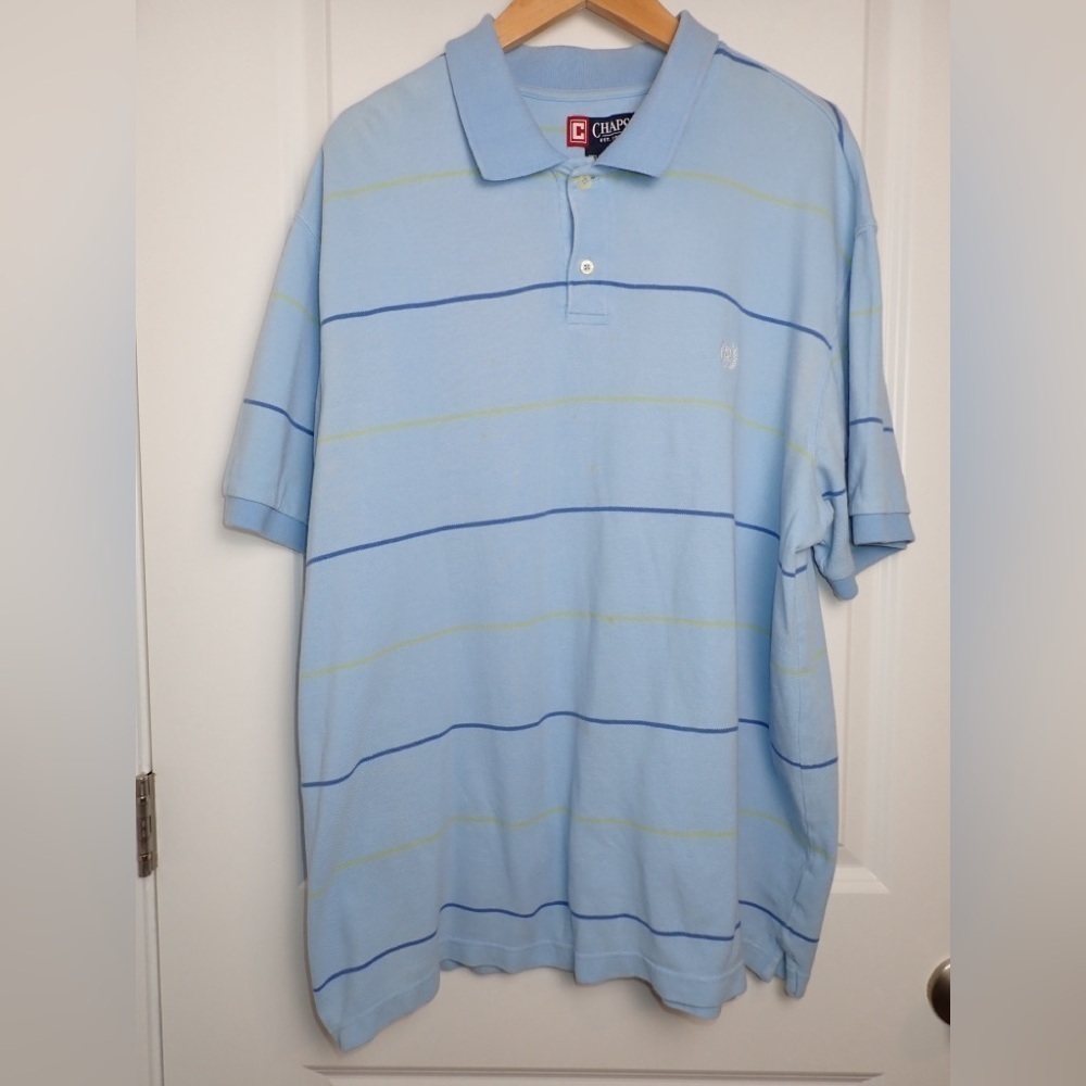 Chaps Men's Short Sleeve 100% CottonPolo Shirt Light Blue and Green Stripe sz XL